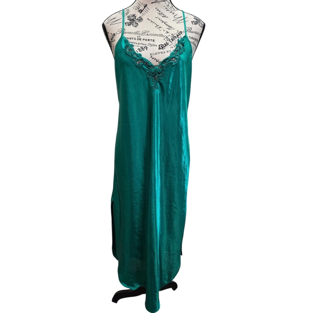 VTG California Dynasty Emerald Satin Slip Nightgown Dress M Crochet Lace USA